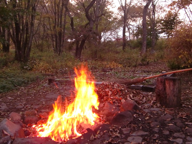 庭の枯葉を集めて焚火